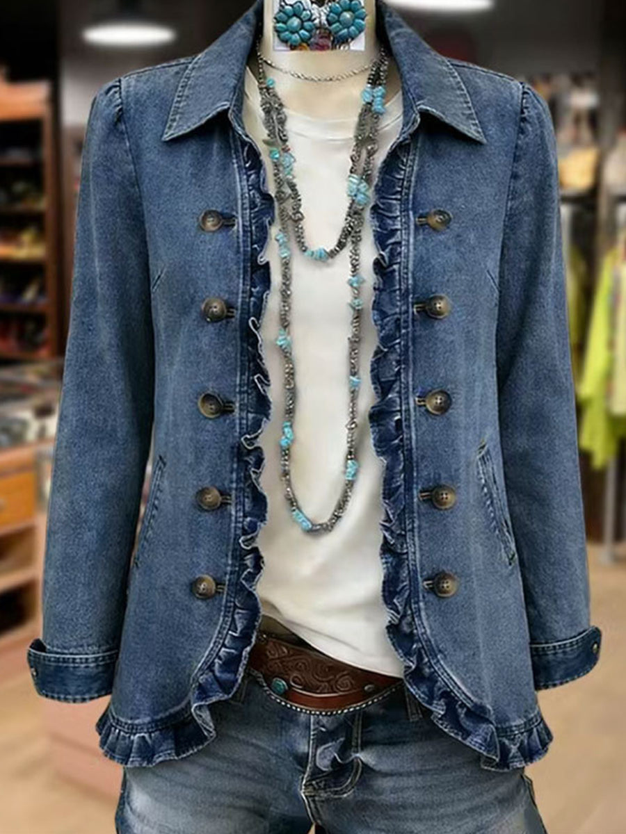 Denim jacket with double-breasted brass buttons and ruffle trim, medium blue