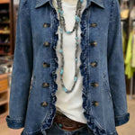 Denim jacket with double-breasted brass buttons and ruffle trim, medium blue