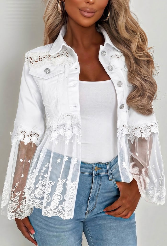 White lace-trim jacket with button front, scalloped hem, and sheer embroidered sleeves