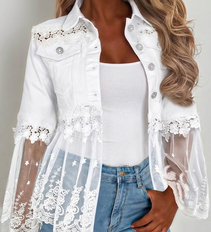 White lace-trim jacket with button front, scalloped hem, and sheer embroidered sleeves