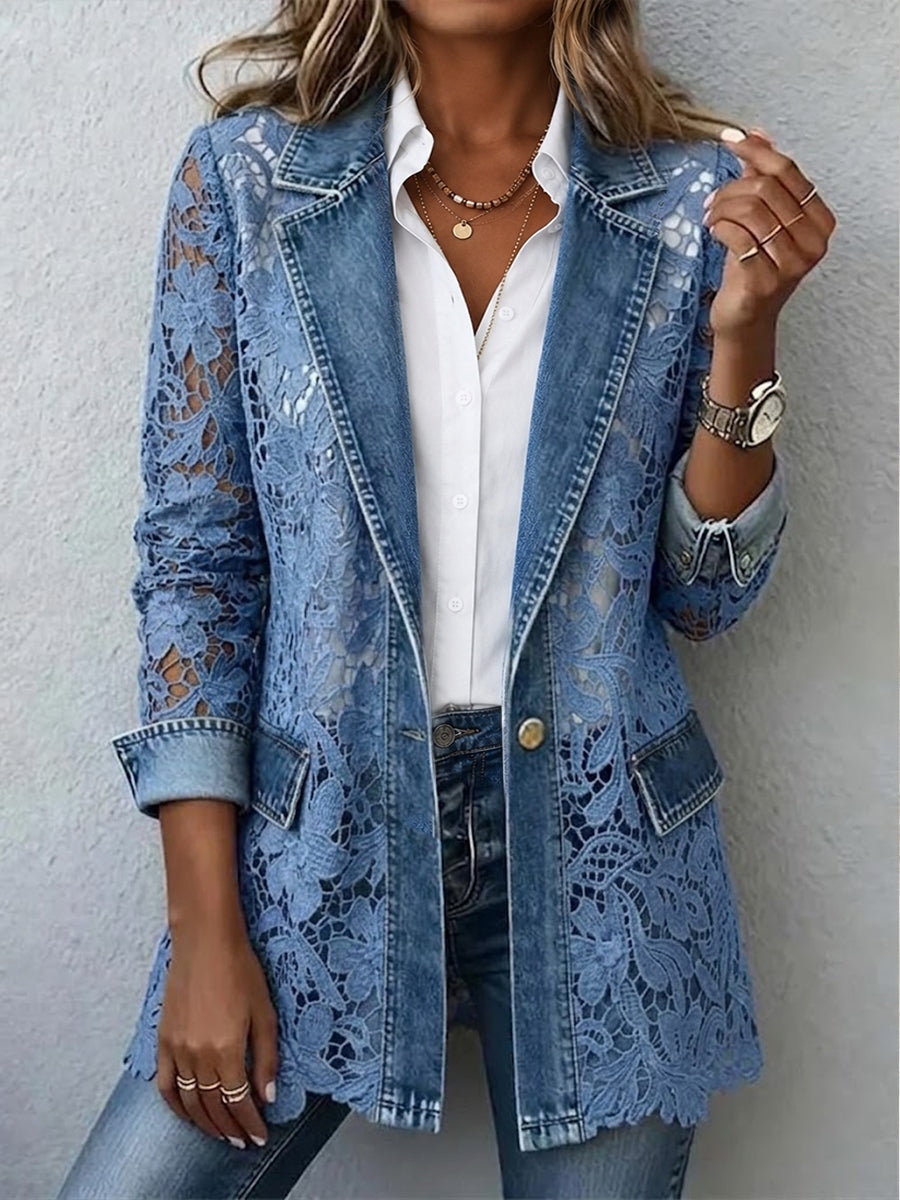 Denim blazer with lace floral panels and gold buttons, front view