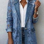 Denim blazer with lace floral panels and gold buttons, front view