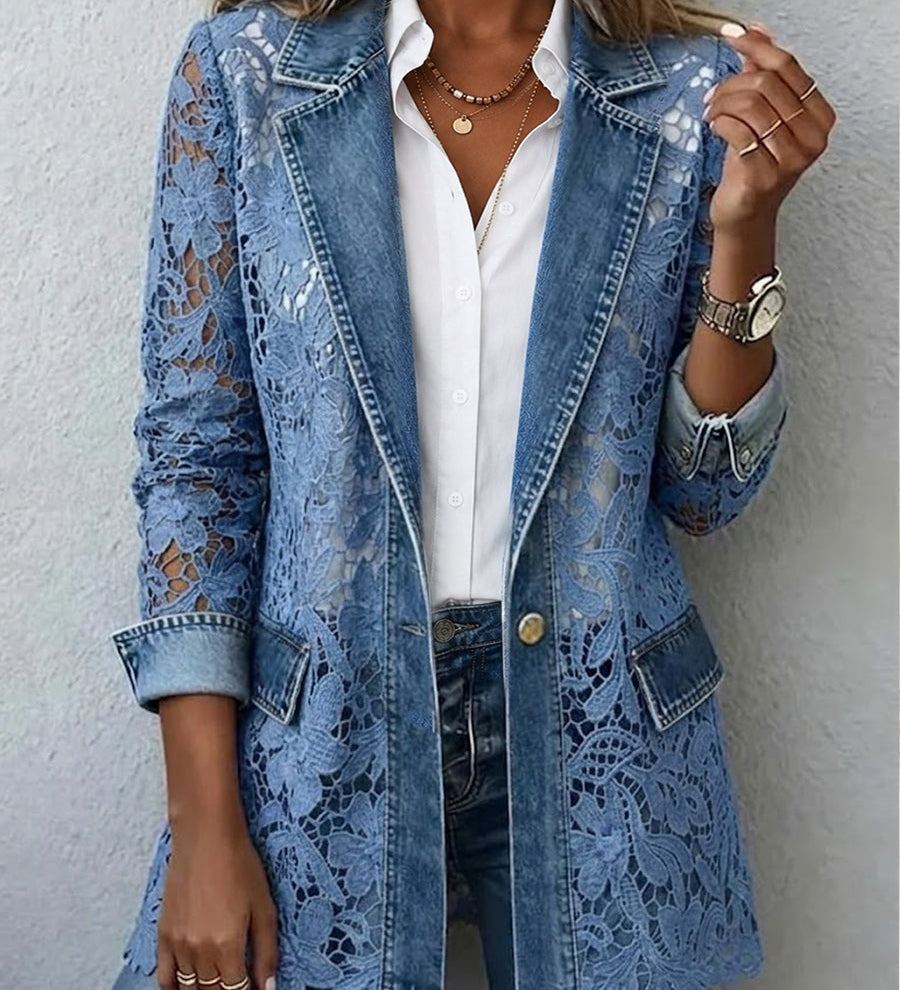 Denim blazer with lace floral panels and gold buttons, front view