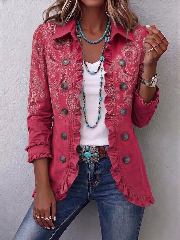 Pleated pink paisley print jacket, button front and 3/4 sleeves