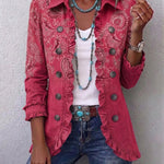 Pleated pink paisley print jacket, button front and 3/4 sleeves