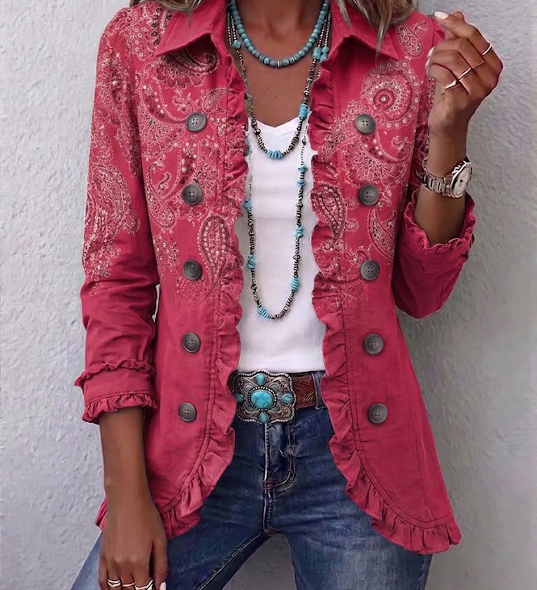 Pleated pink paisley print jacket, button front and 3/4 sleeves