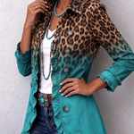 Ombre leopard-print ruffle blazer in teal with button front and ruffled sleeve cuffs
