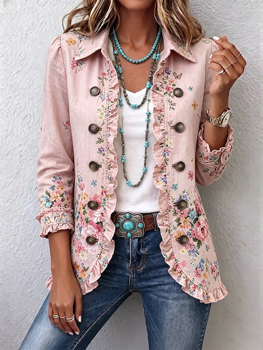 Pink floral button-up jacket with ruffled trim and decorative buttons