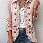 Pink floral button-up jacket with ruffled trim and decorative buttons