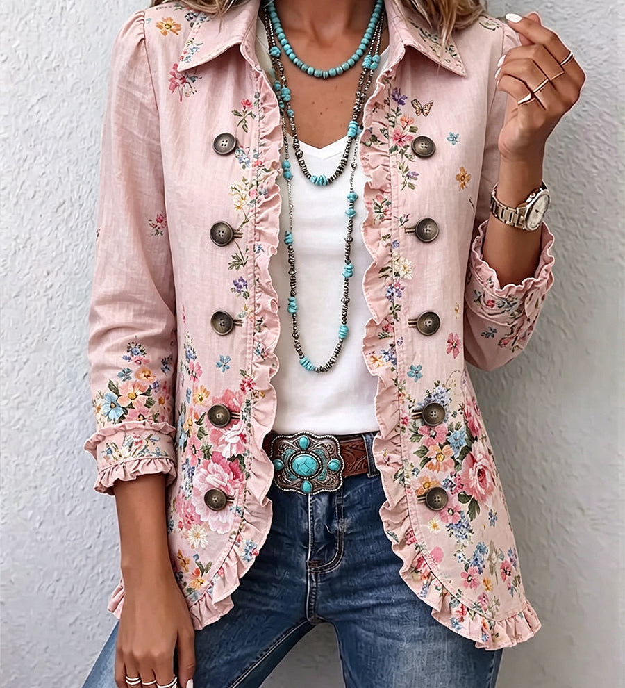 Pink floral button-up jacket with ruffled trim and decorative buttons