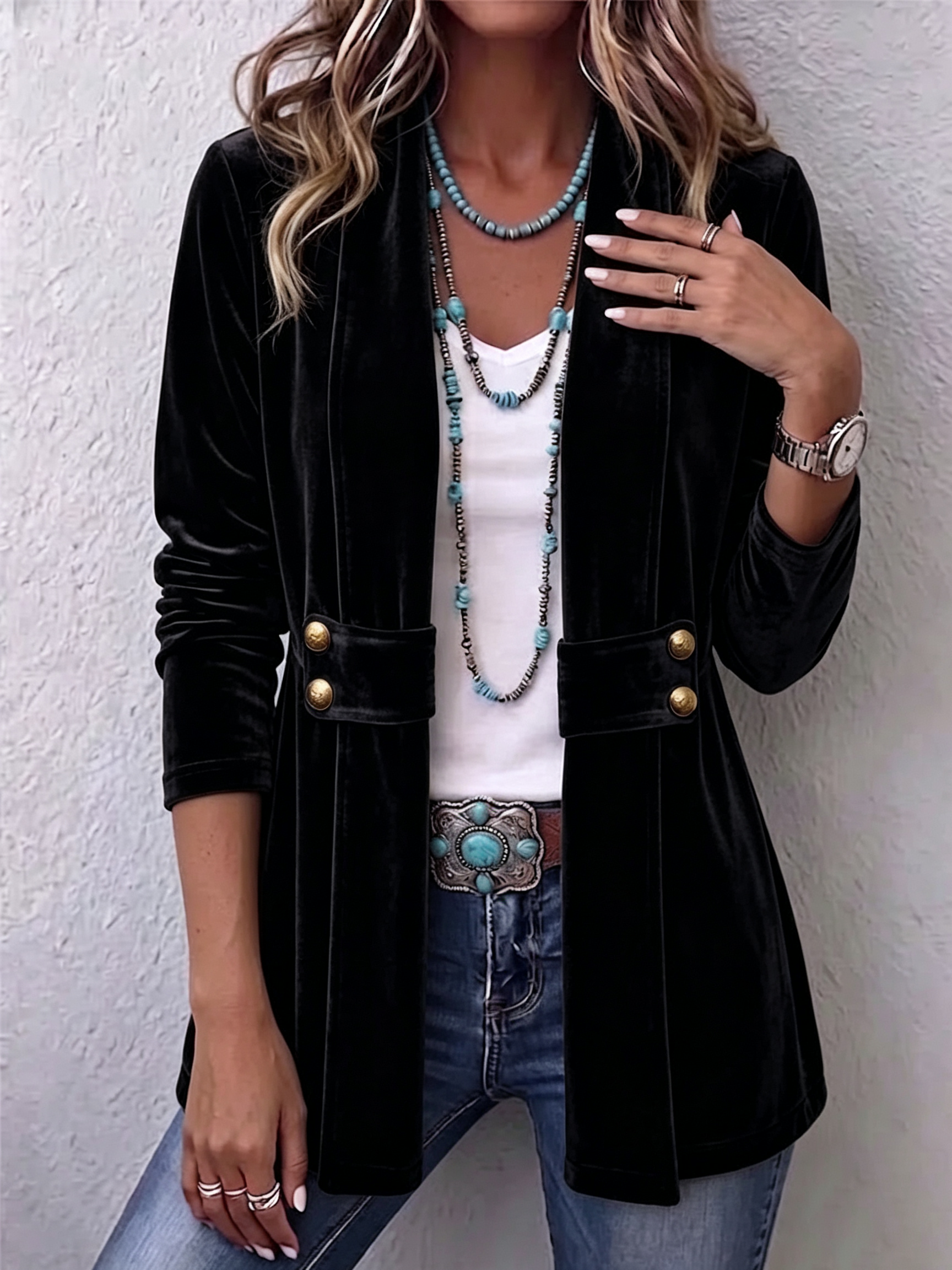 Velvet open-front long-sleeve jacket, black with gold snap buttons and flap pockets.