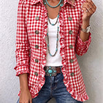 Red gingham blazer with ruffled front, button details, long sleeves