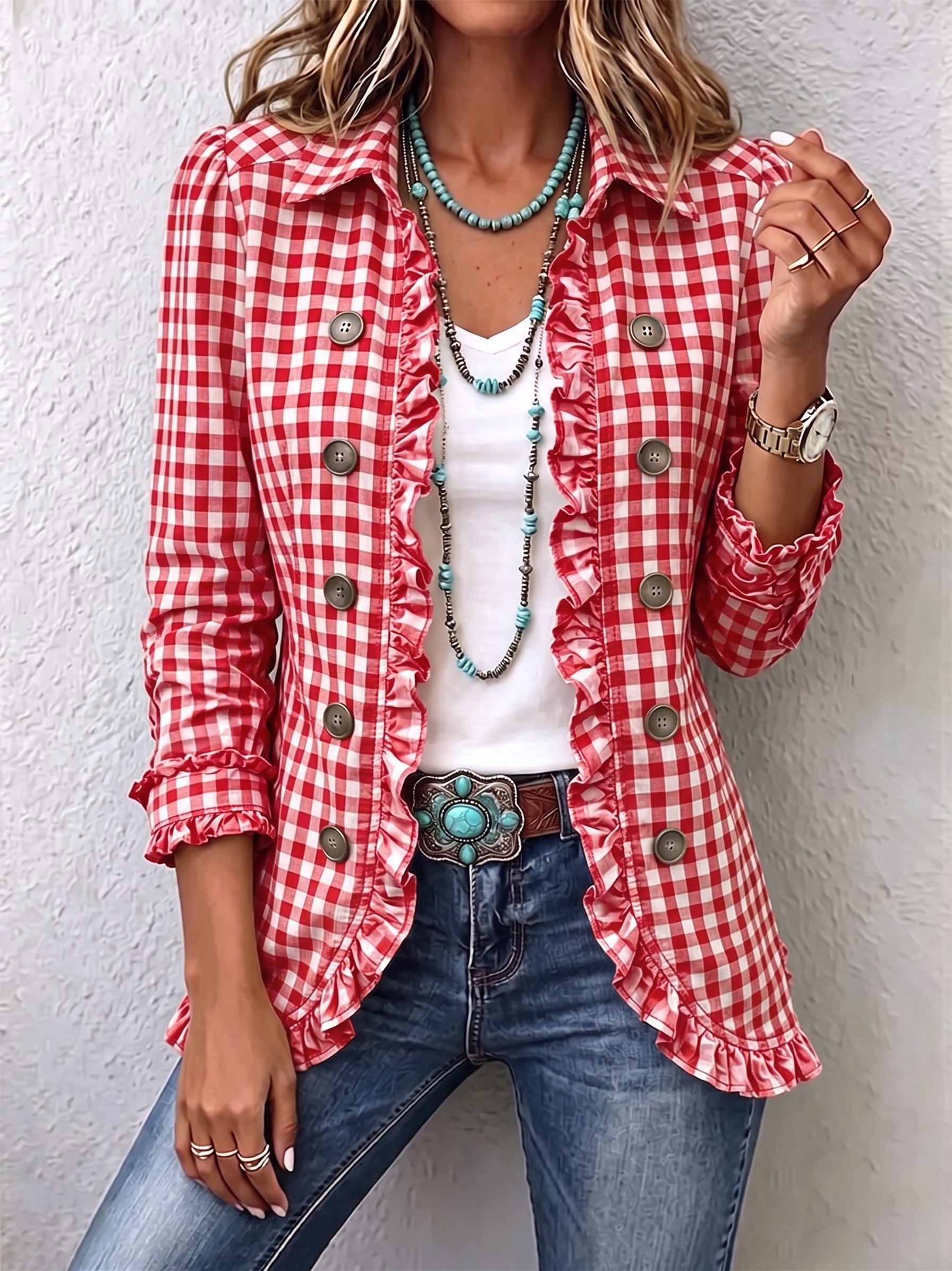 Red gingham blazer with ruffled front, button details, long sleeves