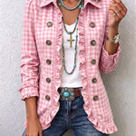 Pink gingham blazer with ruffled front, button details, long sleeves