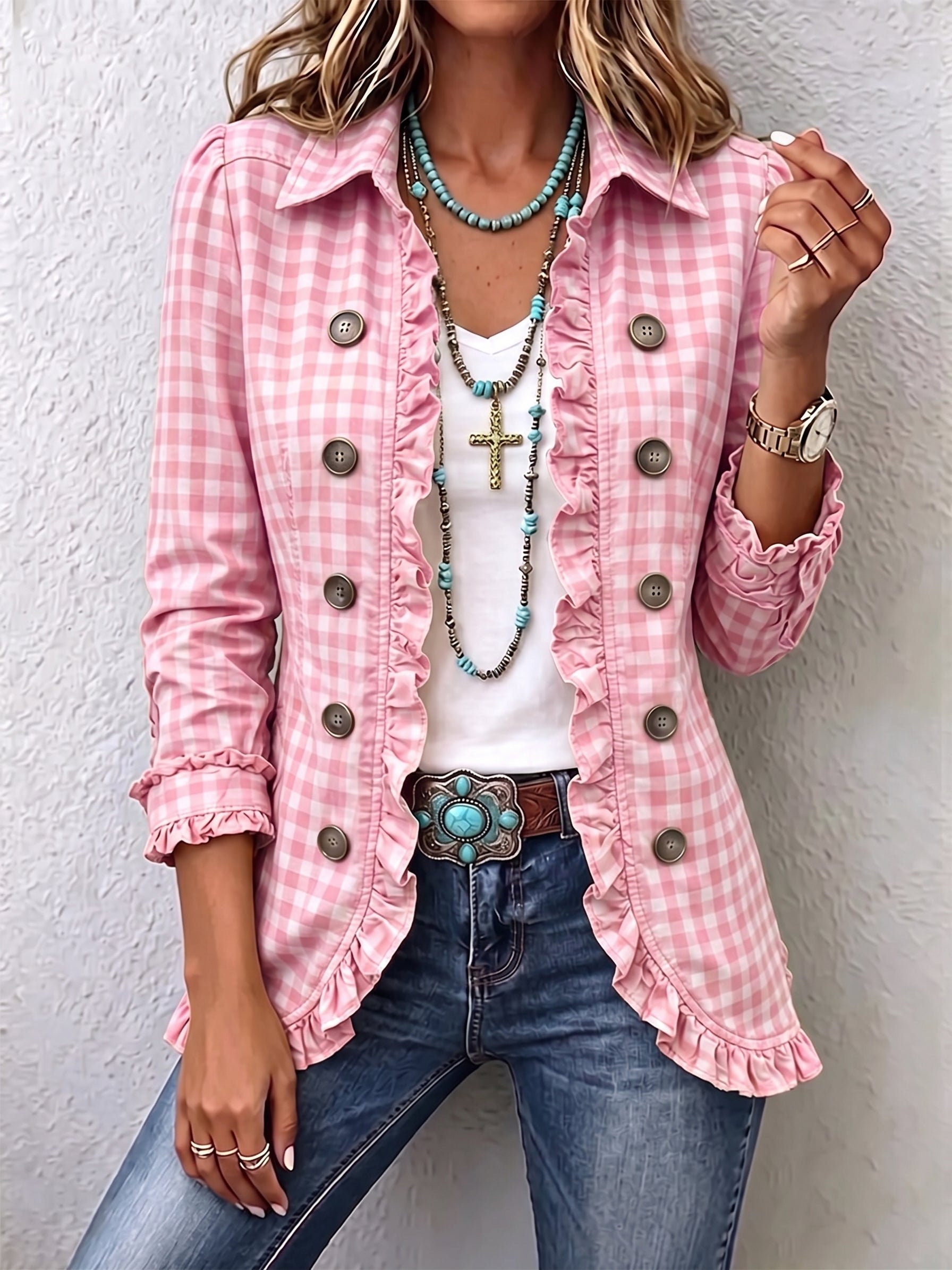 Pink gingham blazer with ruffled front, button details, long sleeves