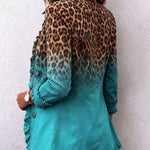 Back view ombre leopard-print ruffle blazer with teal hem and button details