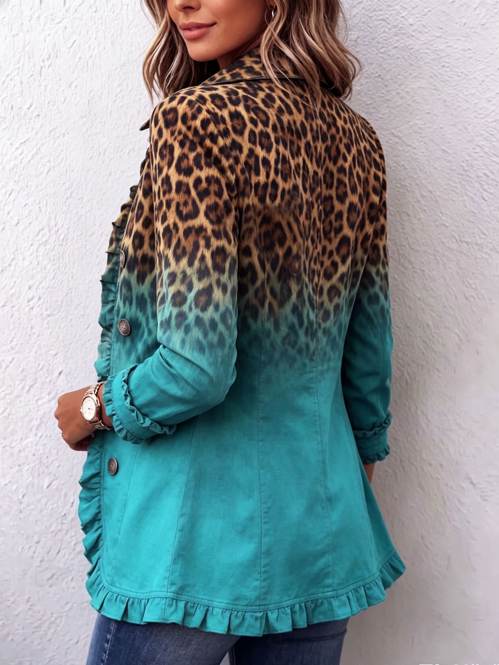 Back view ombre leopard-print ruffle blazer with teal hem and button details