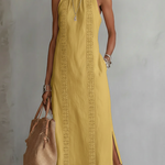 Yellow linen midi dress with Mao collar, sleeveless, embroidered front panel, side slit