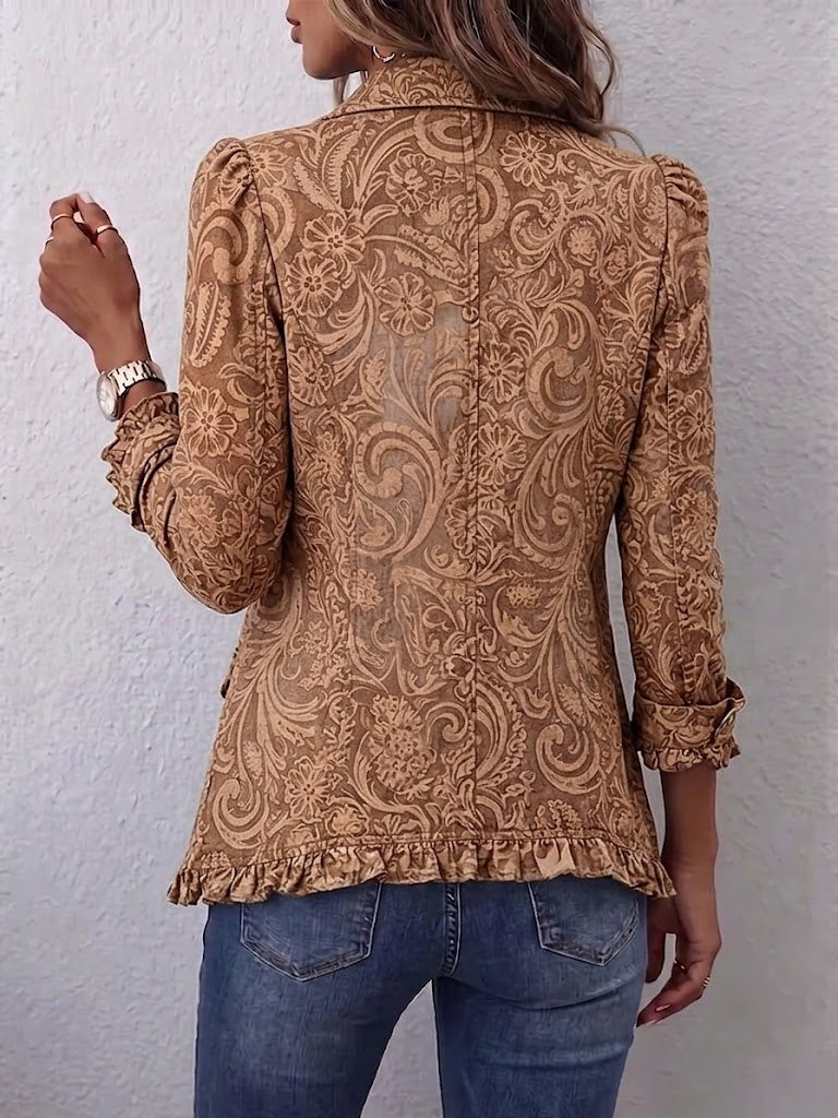 Brown bohemian printed pleated jacket back with long sleeves and button details