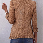 Brown bohemian printed pleated jacket back with long sleeves and button details