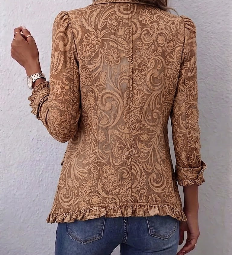 Brown bohemian printed pleated jacket back with long sleeves and button details