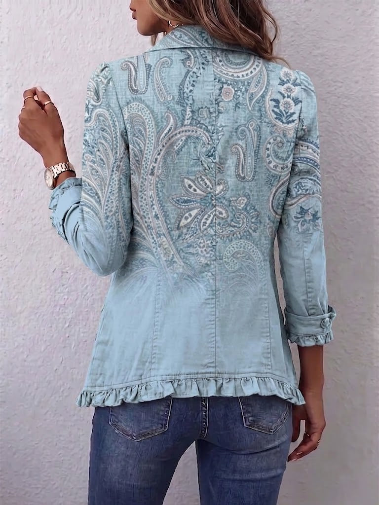 Brigitte vintage paisley print jacket back, light blue with gathered ruffled hem