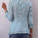 Brigitte vintage paisley print jacket back, light blue with gathered ruffled hem
