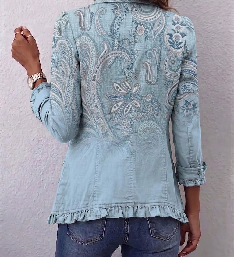 Brigitte vintage paisley print jacket back, light blue with gathered ruffled hem