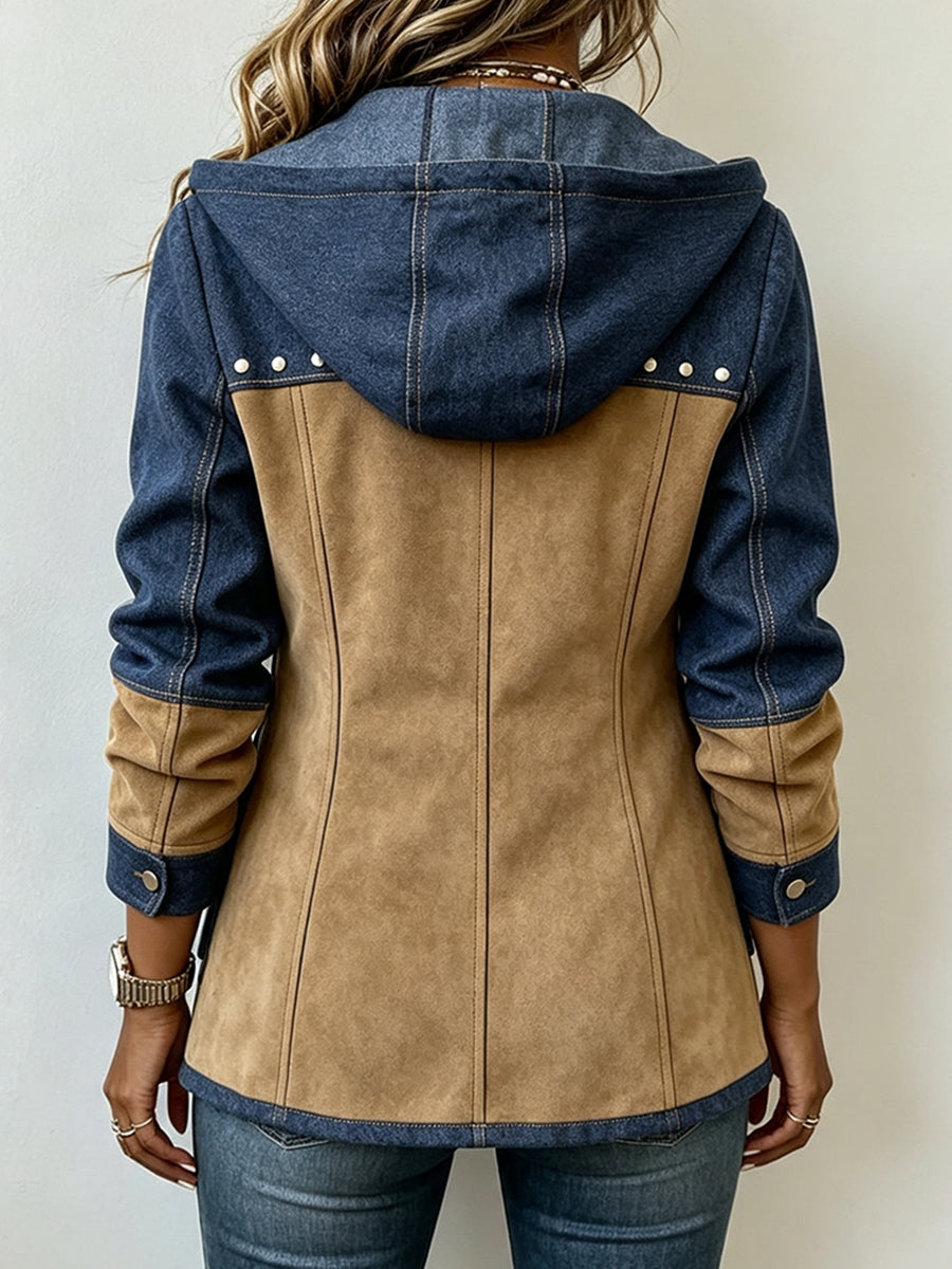 Back view of navy and camel patchwork hooded jacket with stud trim