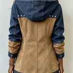Back view of navy and camel patchwork hooded jacket with stud trim