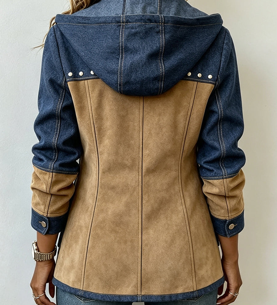 Back view of navy and camel patchwork hooded jacket with stud trim