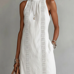 Jimena sleeveless white midi dress with lace yoke and vertical lace stripe
