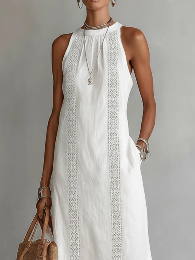 Jimena sleeveless white midi dress with lace yoke and vertical lace stripe