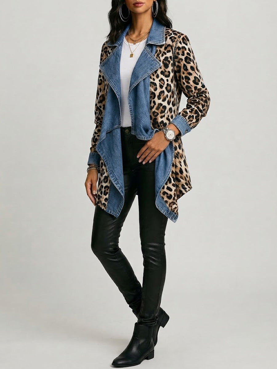 Leopard-print denim jacket with sleeved leopard panels and blue open front
