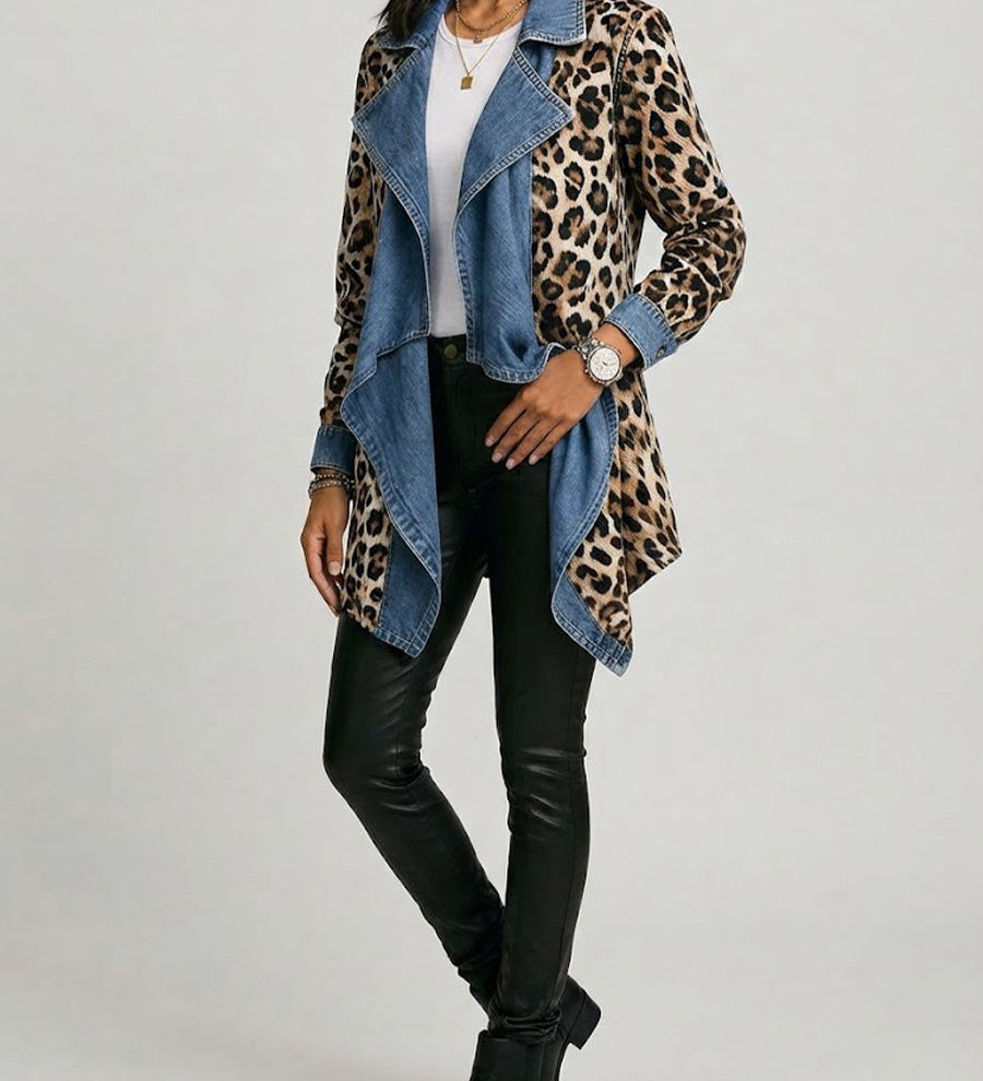 Leopard-print denim jacket with sleeved leopard panels and blue open front