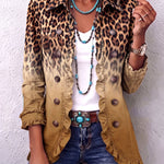 Ombre leopard-print ruffle blazer with tan-gold panels, button front, and ruffled cuffs