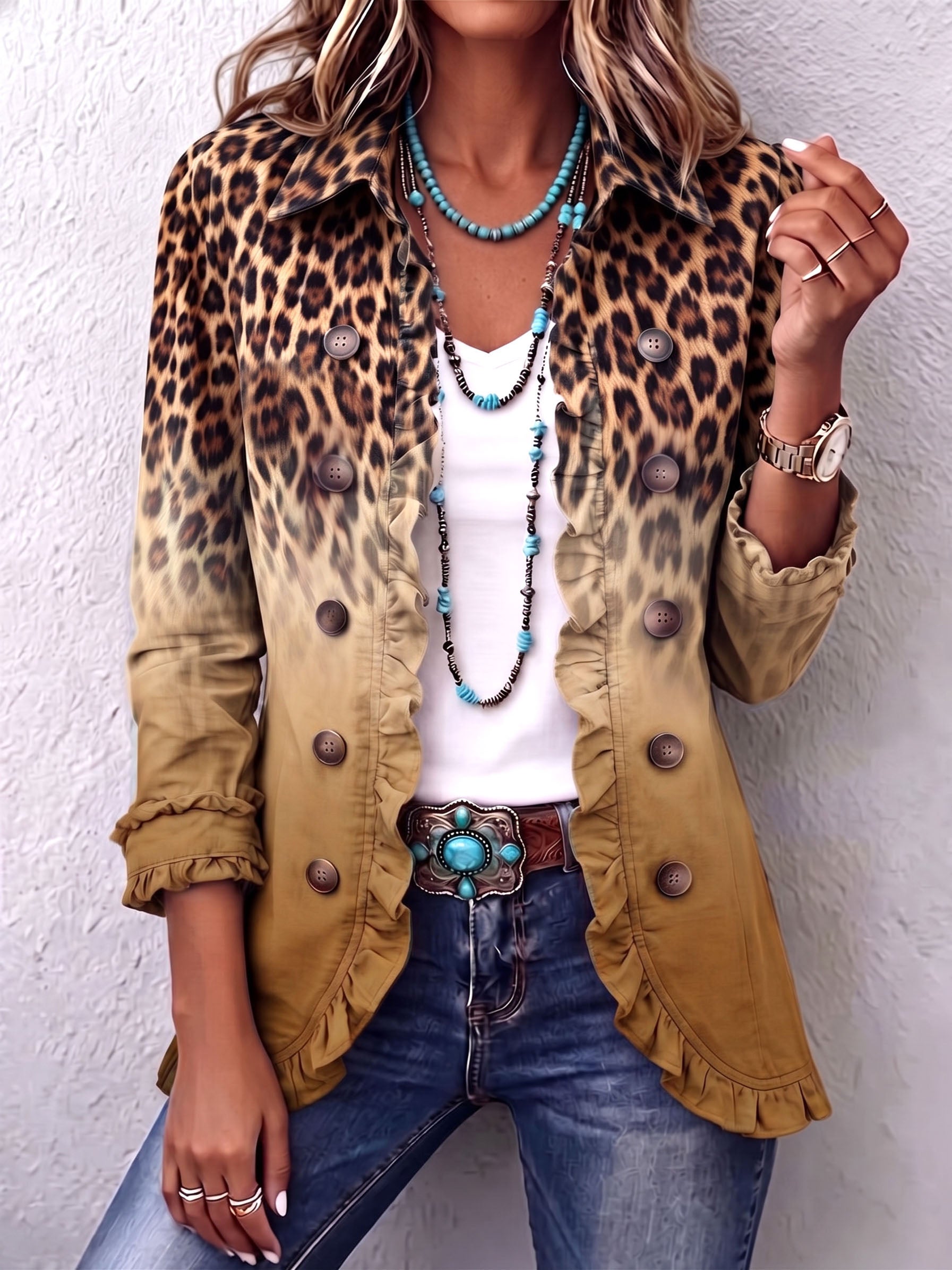 Ombre leopard-print ruffle blazer with tan-gold panels, button front, and ruffled cuffs