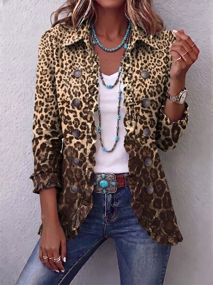 Leopard print blazer with button front and dark patch pockets, 3/4 sleeves