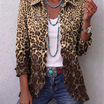 Leopard print blazer with button front and dark patch pockets, 3/4 sleeves