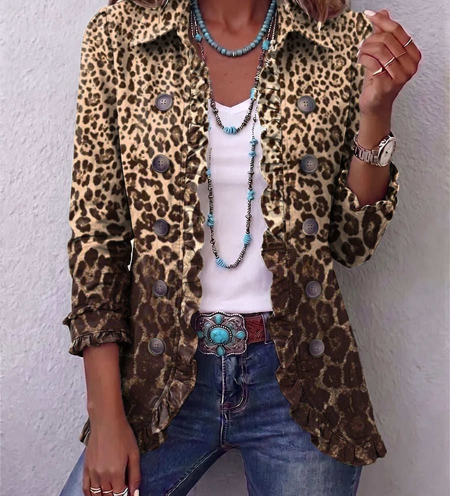 Leopard print blazer with button front and dark patch pockets, 3/4 sleeves