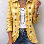 Yellow gingham blazer with ruffled front, button details, long sleeves