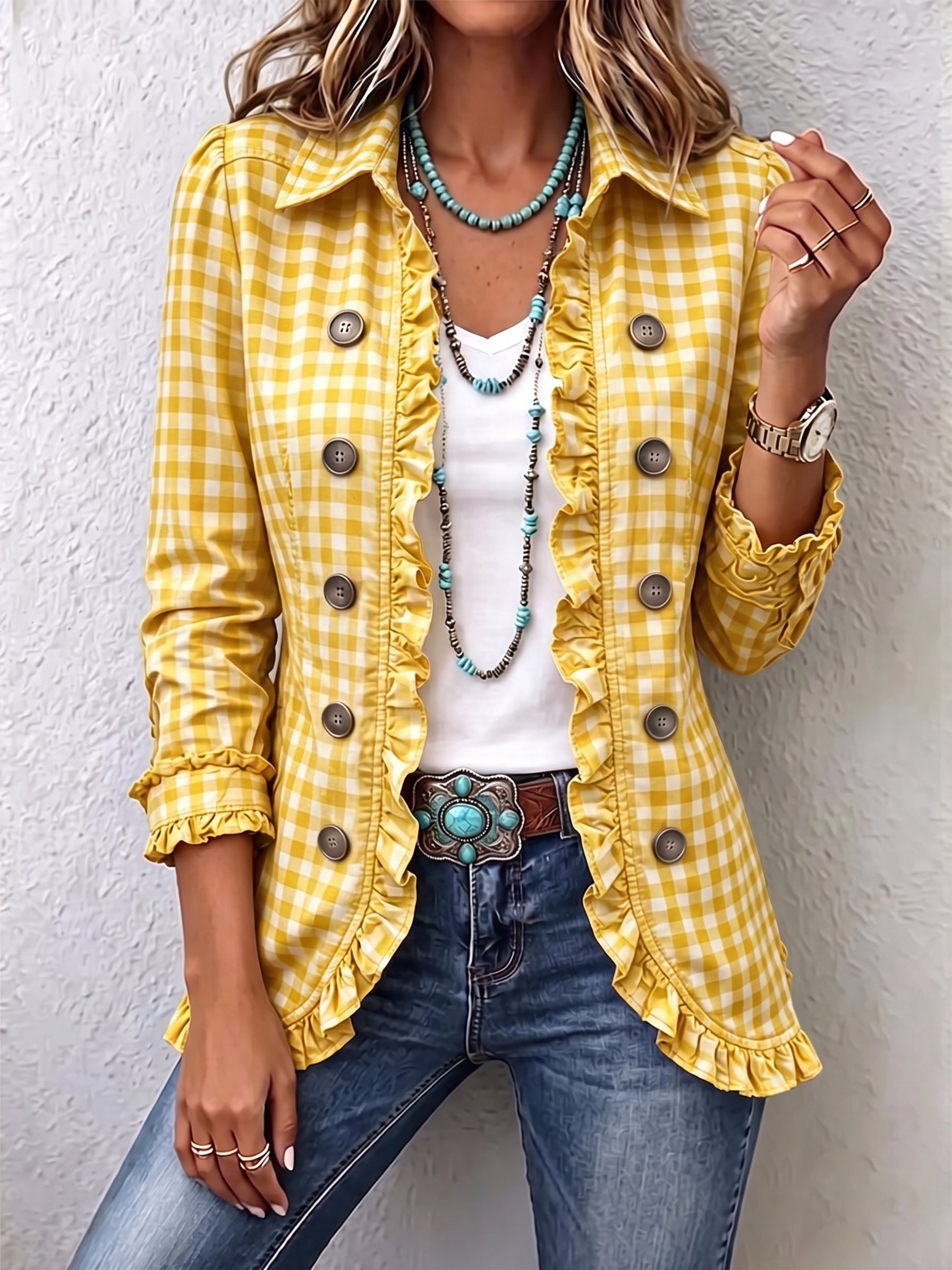 Yellow gingham blazer with ruffled front, button details, long sleeves