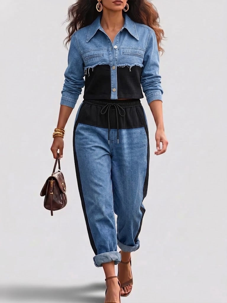 Cropped denim jacket with black waist panel and drawstring wide-leg jeans, blue