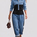 Cropped denim jacket with black waist panel and drawstring wide-leg jeans, blue