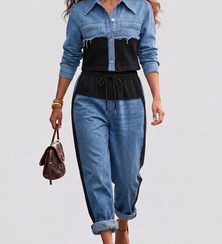 Cropped denim jacket with black waist panel and drawstring wide-leg jeans, blue