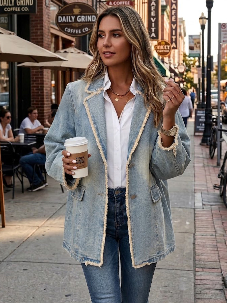 Light-wash denim blazer with frayed edge trim, patch pockets, worn over white shirt