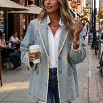 Light-wash denim blazer with frayed edge trim, patch pockets, worn over white shirt