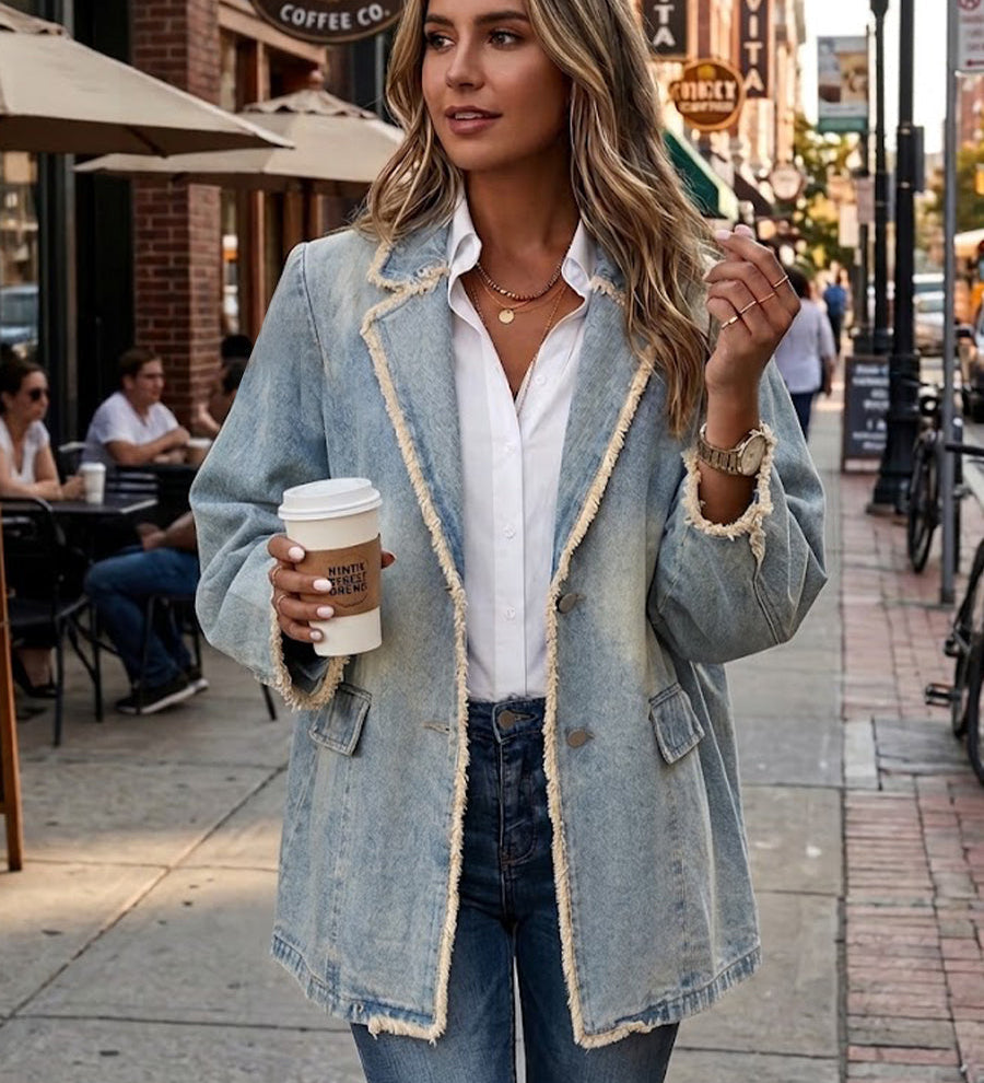 Light-wash denim blazer with frayed edge trim, patch pockets, worn over white shirt