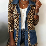 Leopard-print long denim jacket, button-front with patchwork denim pockets
