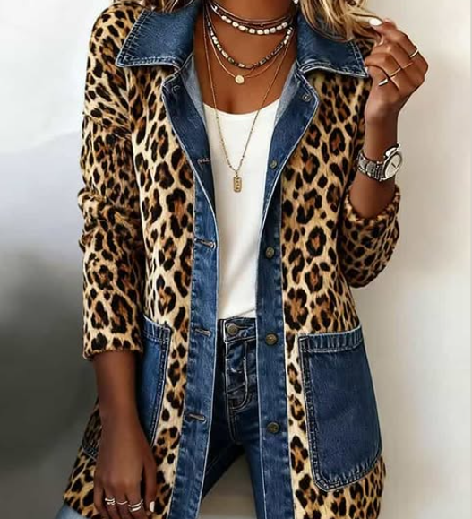 Leopard-print long denim jacket, button-front with patchwork denim pockets